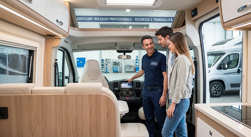 Coppia a bordo di un camper semintegrale